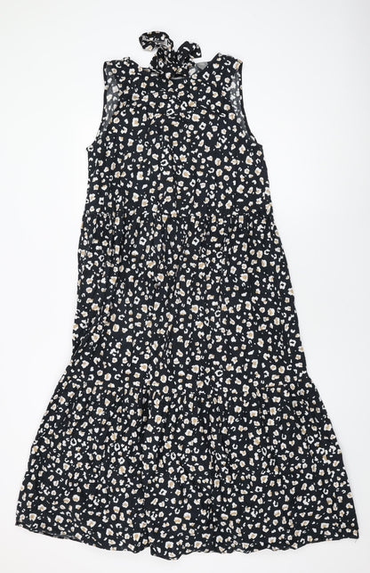 ASOS Womens Black Animal Print Cotton Shift Size 12 Round Neck Tie