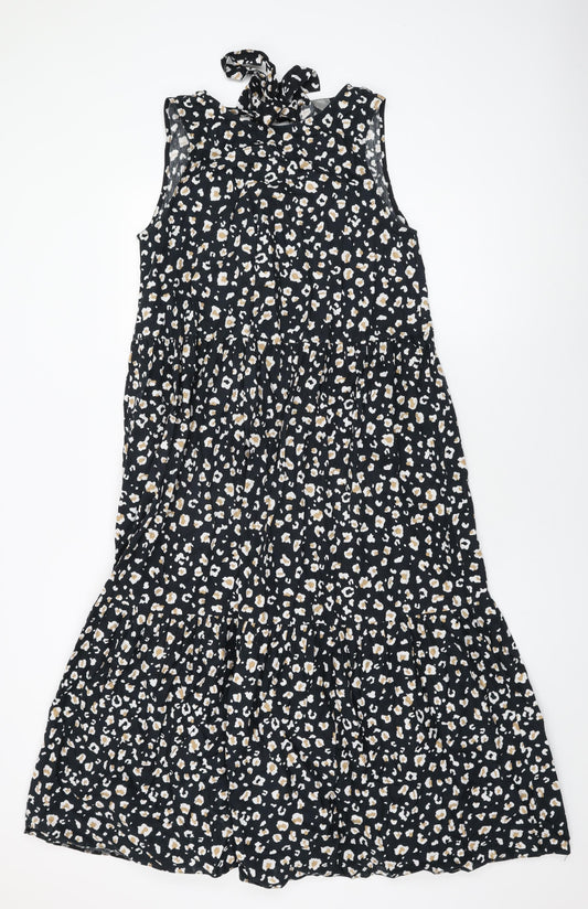 ASOS Womens Black Animal Print Cotton Shift Size 12 Round Neck Tie