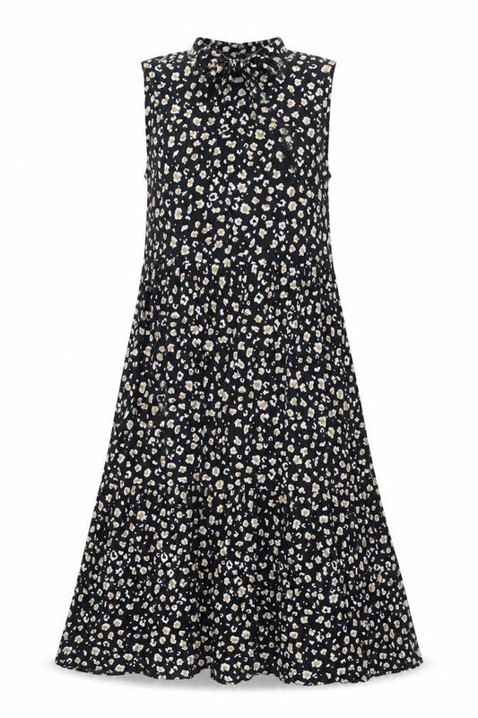 Front view of ASOS women’s black animal print cotton shift, size UK 12, round neck tie