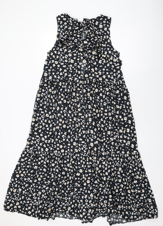 ASOS Womens Black Animal Print Cotton Shift Size 12 Round Neck Tie