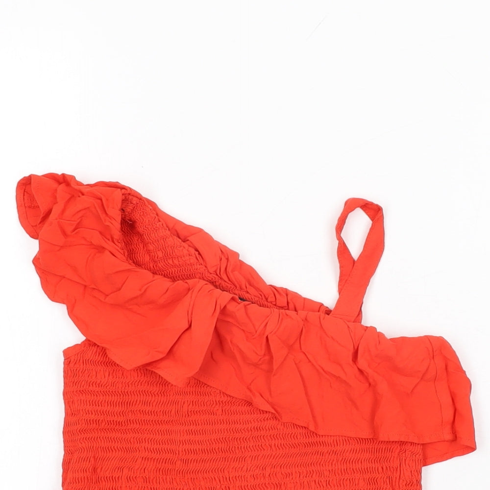 Close-up detail of Very girls’ red viscose basic t-shirt, size 10, years one shoulder pullover