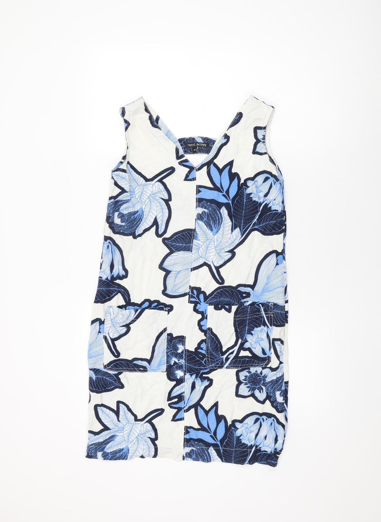 NEXT Womens White Floral Linen Shift Size 6 V-Neck Pullover