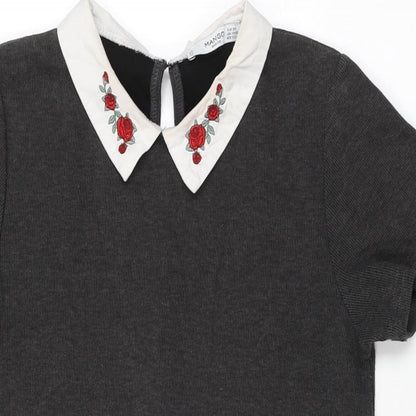 Mango Womens Grey Floral Polyester Shift Size XS Collared Button