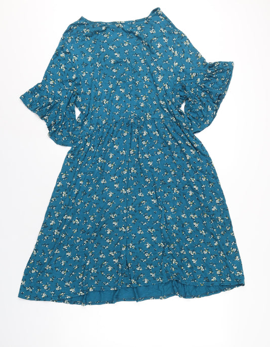 Boohoo Womens Blue Floral Viscose A-Line Size 16 Round Neck Pullover