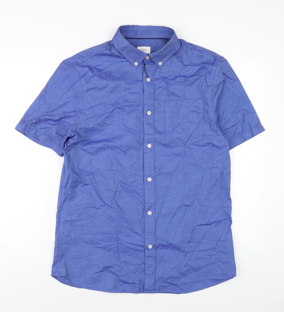 Marks & Spencer Mens Blue Cotton Button-Up Size M Collared Button