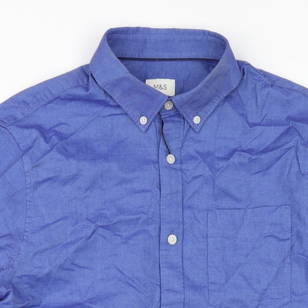 Marks & Spencer Mens Blue Cotton Button-Up Size M Collared Button