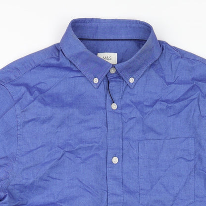 Marks & Spencer Mens Blue Cotton Button-Up Size M Collared Button