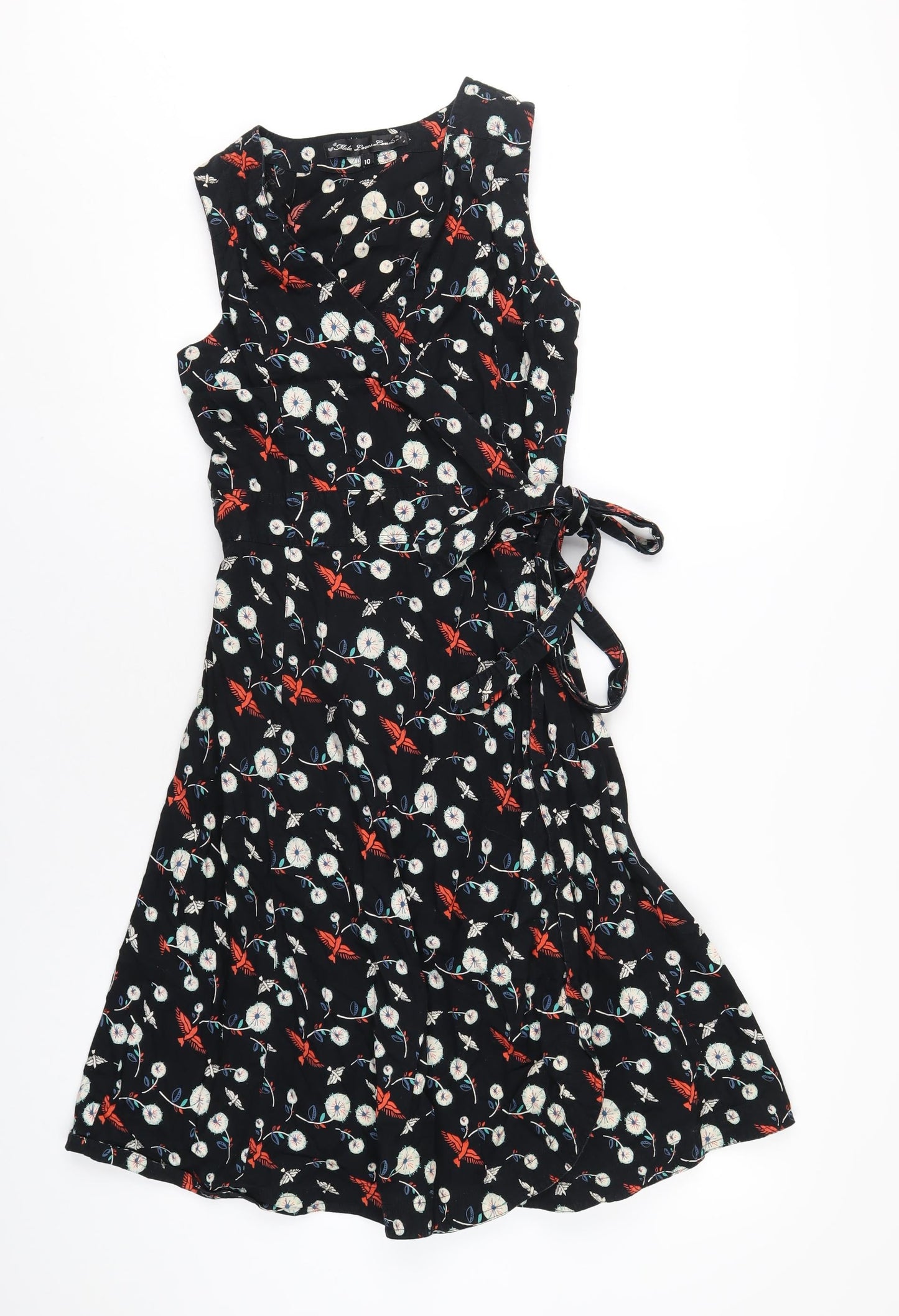 Mela London Womens Black Geometric Cotton Wrap Dress Size 10 V-Neck Tie