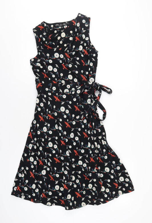 Mela London Womens Black Geometric Cotton Wrap Dress Size 10 V-Neck Tie