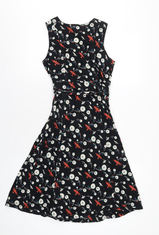 Mela London Womens Black Geometric Cotton Wrap Dress Size 10 V-Neck Tie