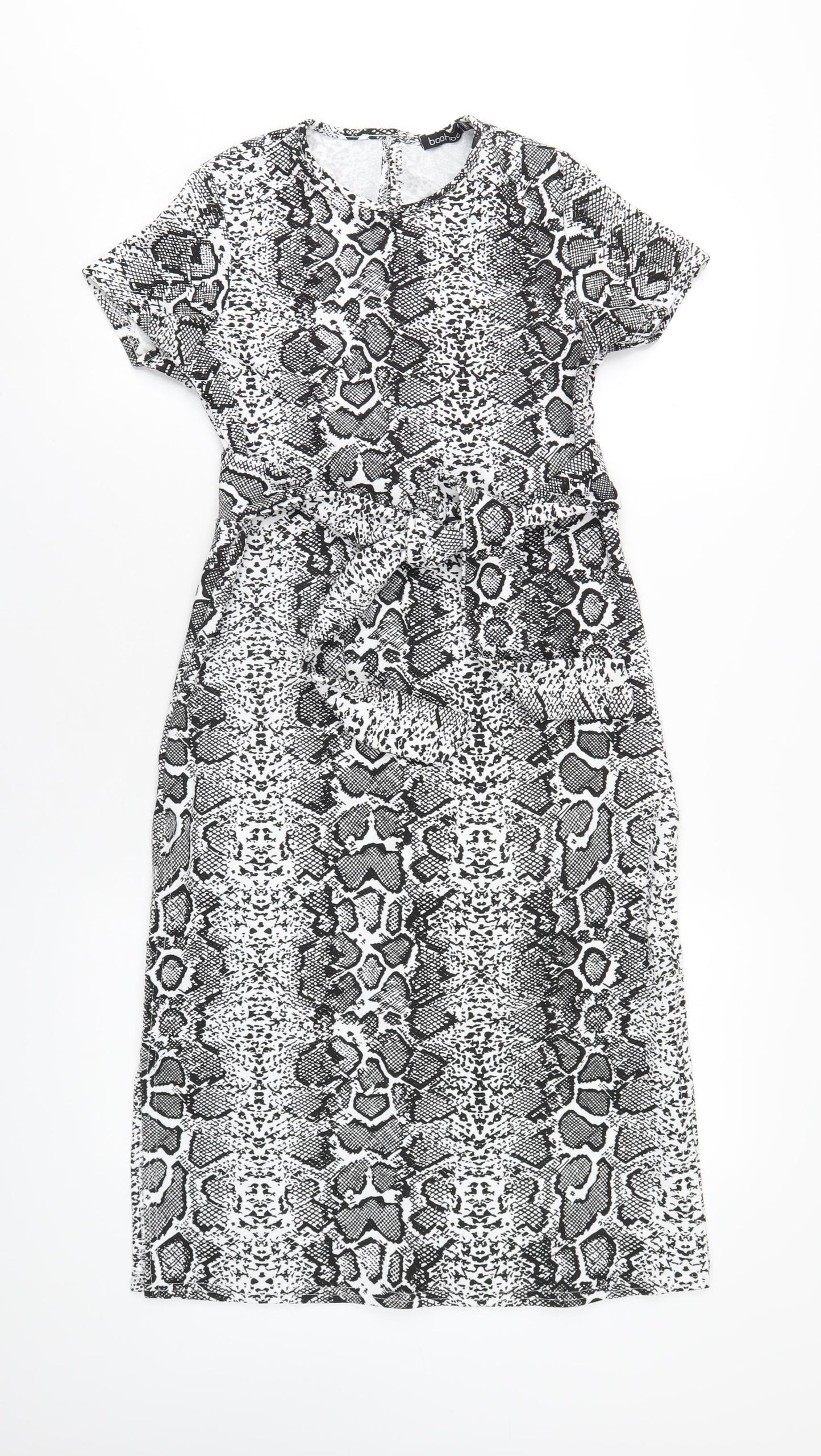 Boohoo Womens Black Animal Print Polyester A-Line Size 8 Round Neck Button