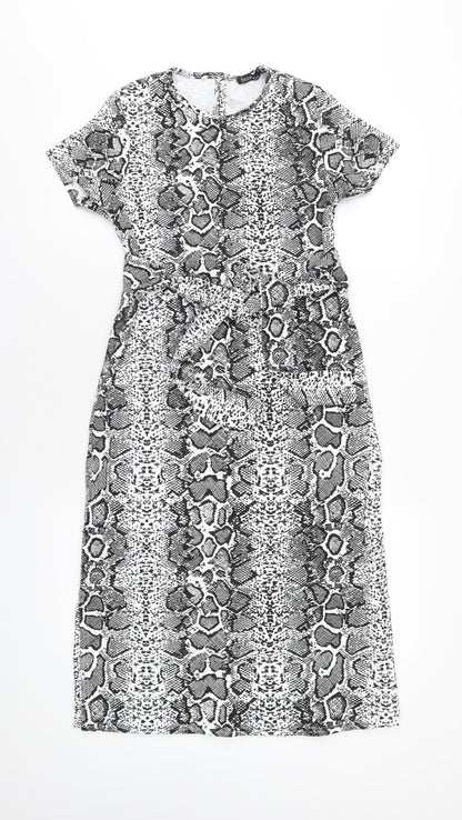 Boohoo Womens Black Animal Print Polyester A-Line Size 8 Round Neck Button