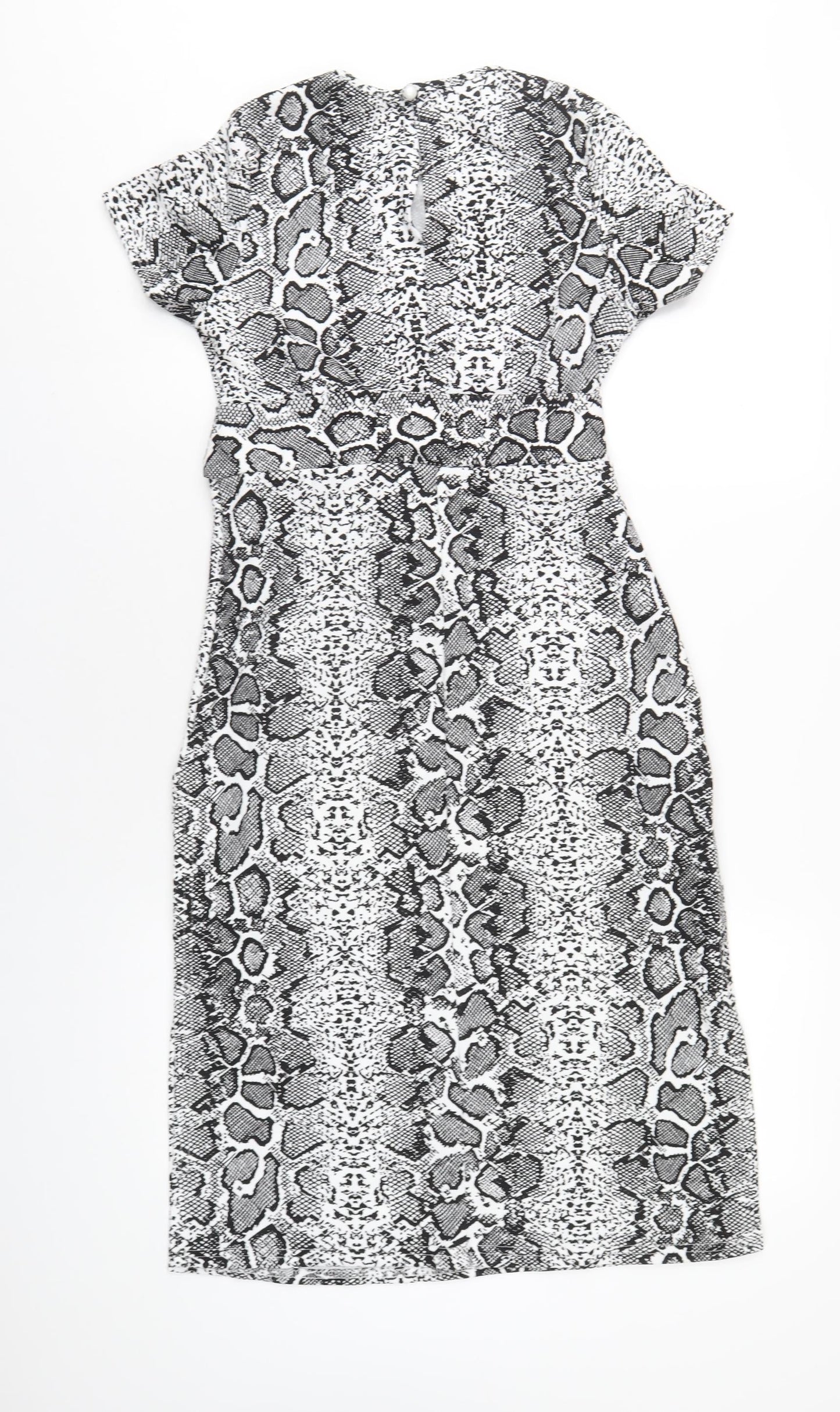 Boohoo Womens Black Animal Print Polyester A-Line Size 8 Round Neck Button