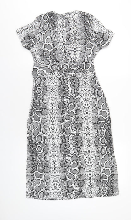 Boohoo Womens Black Animal Print Polyester A-Line Size 8 Round Neck Button