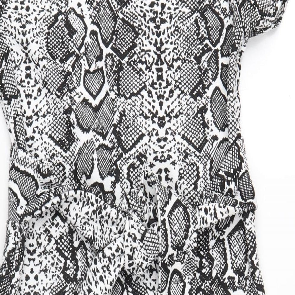 Boohoo Womens Black Animal Print Polyester A-Line Size 8 Round Neck Button