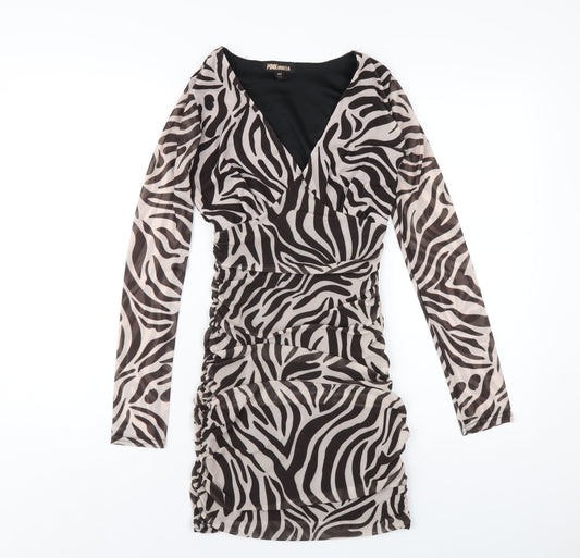 Pink Vanilla Womens Black Animal Print Polyester Bodycon Size 6 V-Neck Pullover - Zebra Print
