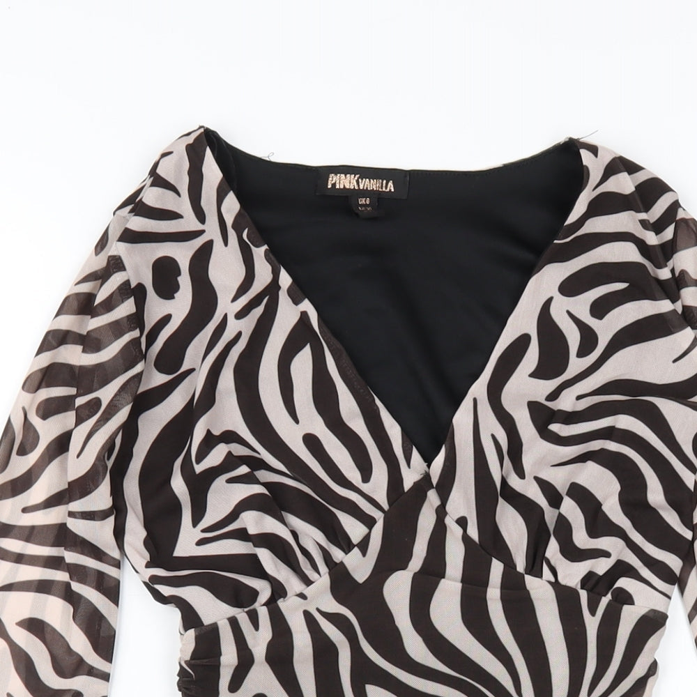 Pink Vanilla Womens Black Animal Print Polyester Bodycon Size 6 V-Neck Pullover - Zebra Print