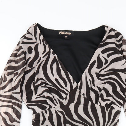 Pink Vanilla Womens Black Animal Print Polyester Bodycon Size 6 V-Neck Pullover - Zebra Print