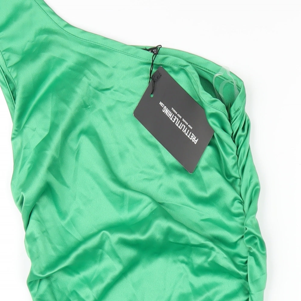 PRETTYLITTLETHING Womens Green Polyester Bodycon Size 12 One Shoulder Zip