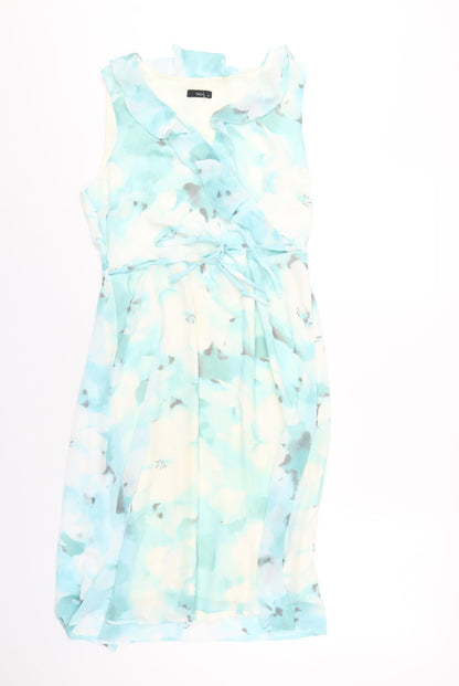 M&Co Womens Blue Floral Polyester A-Line Size 12 V-Neck Zip