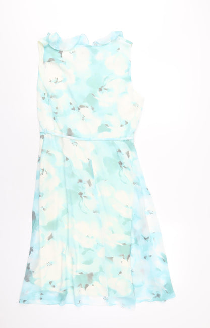 M&Co Womens Blue Floral Polyester A-Line Size 12 V-Neck Zip