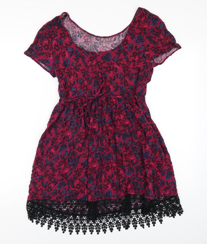 New Look Womens Pink Geometric Viscose A-Line Size 10 Scoop Neck Zip