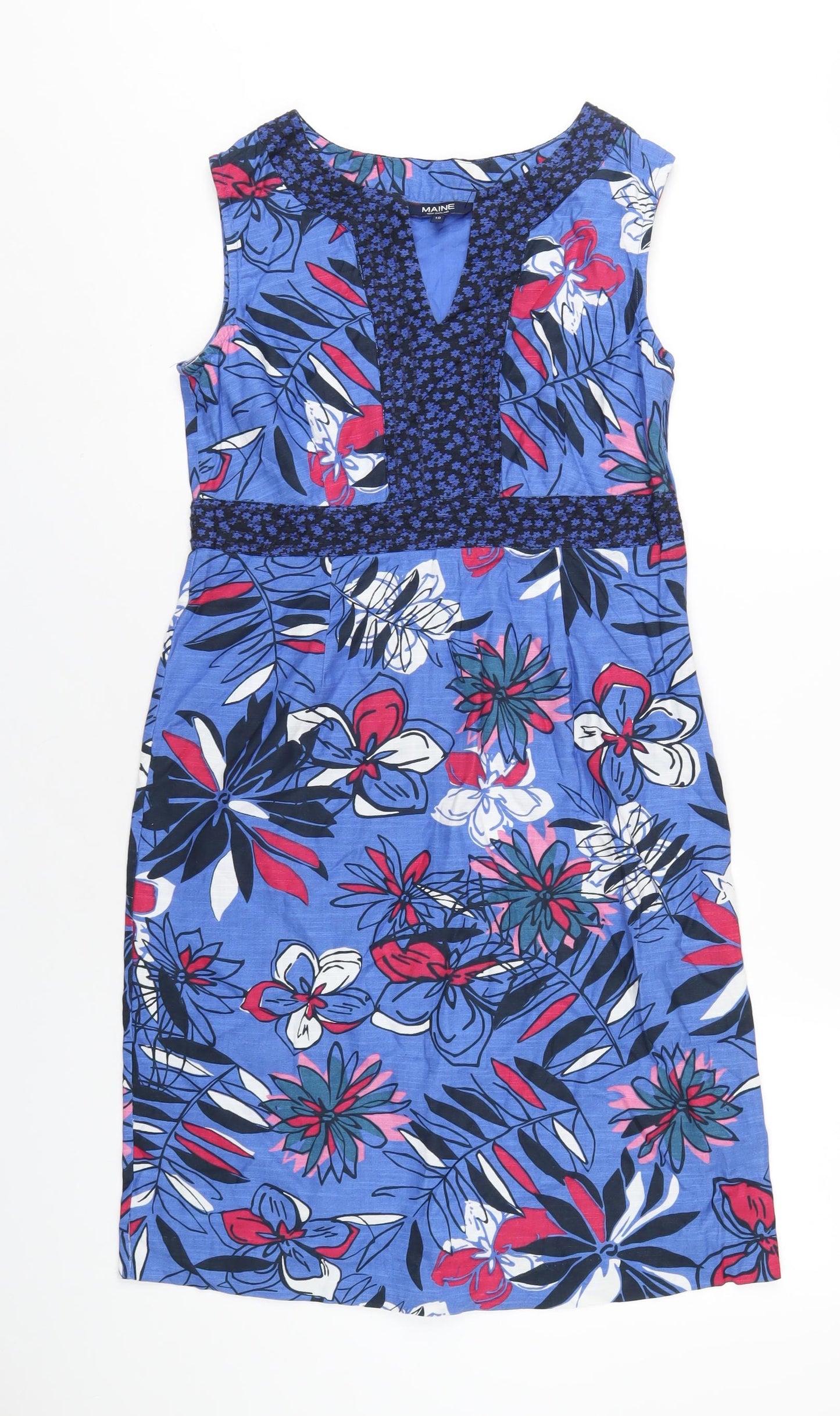 Maine Womens Blue Floral Cotton A-Line Size 10 V-Neck Pullover