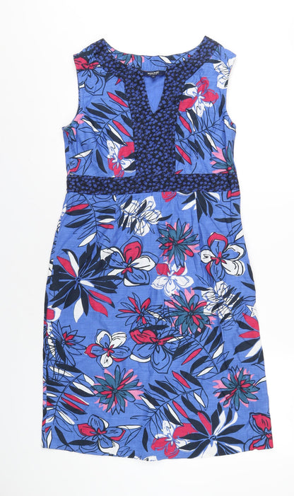 Maine Womens Blue Floral Cotton A-Line Size 10 V-Neck Pullover