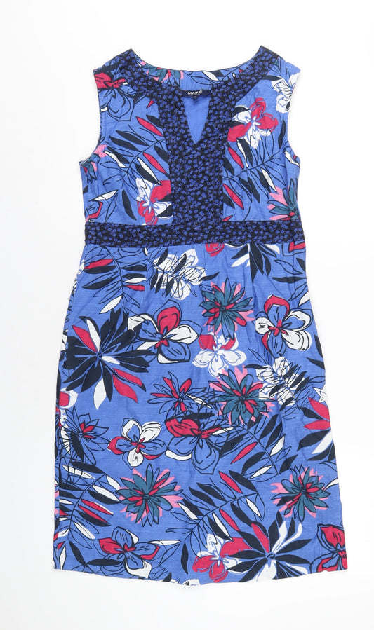 Maine Womens Blue Floral Cotton A-Line Size 10 V-Neck Pullover