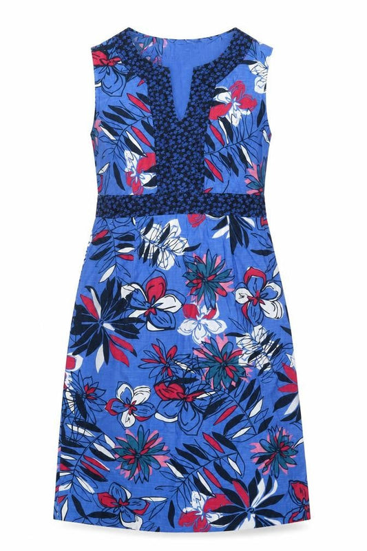 Front view of Maine New England women’s blue floral cotton a-line, size UK 10, v-neck pullover