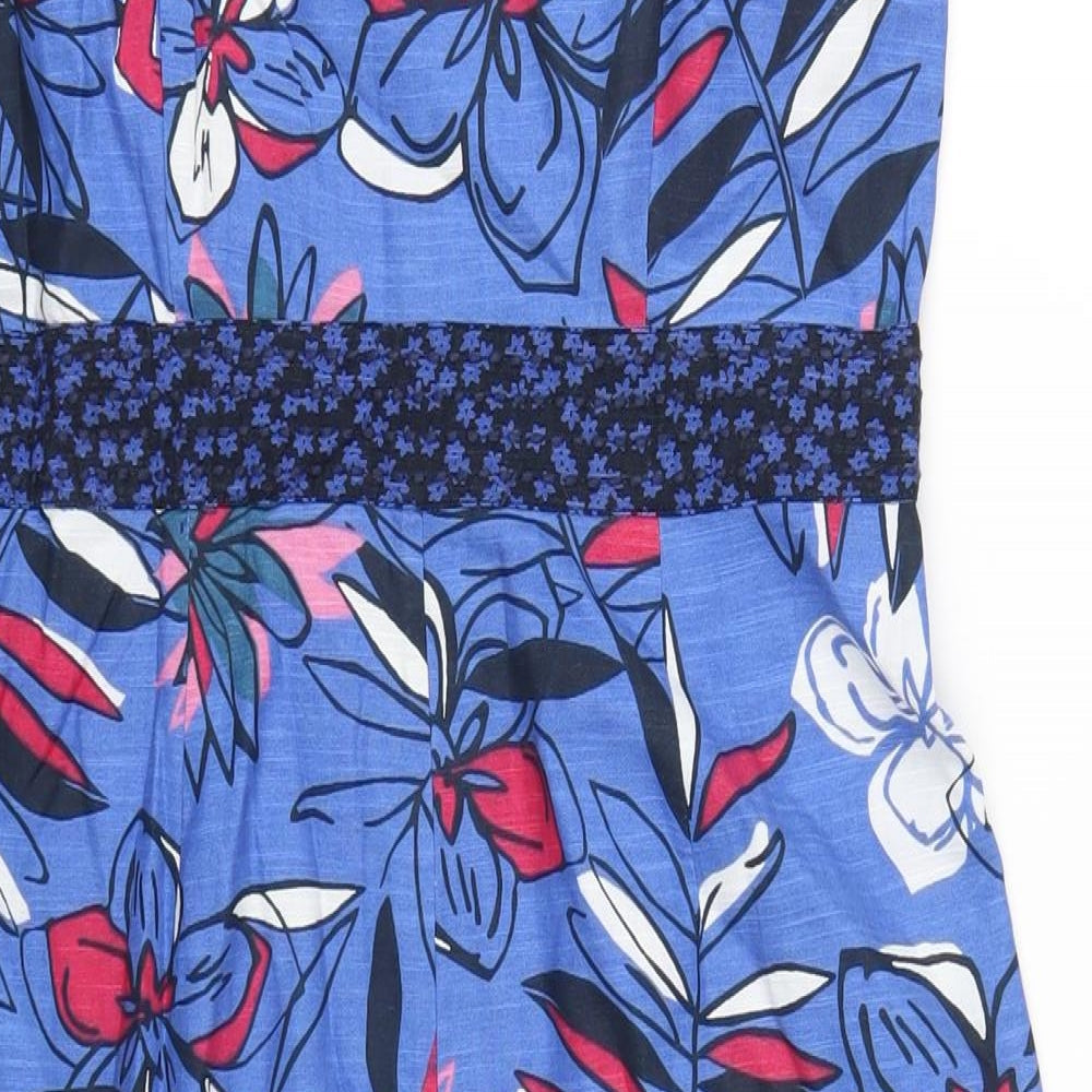 Maine Womens Blue Floral Cotton A-Line Size 10 V-Neck Pullover