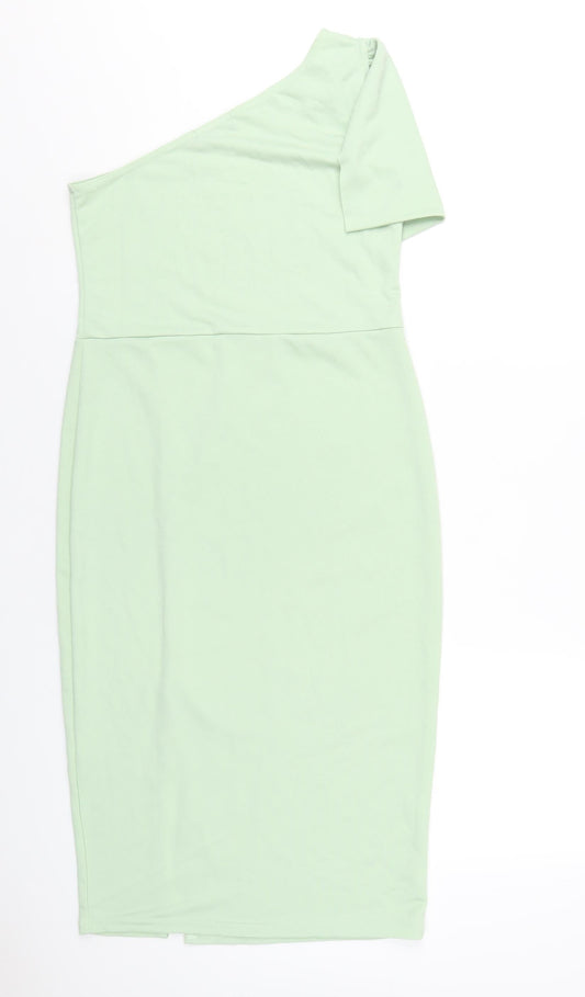 PRETTYLITTLETHING Womens Green Polyester Bodycon Size 14 One Shoulder Pullover