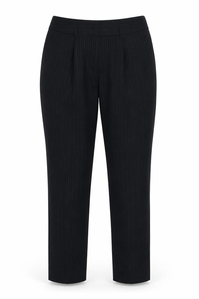 Front view of Autograph women’s blue striped polyester dress pants trousers, size UK 14, 27-inch leg slim zip