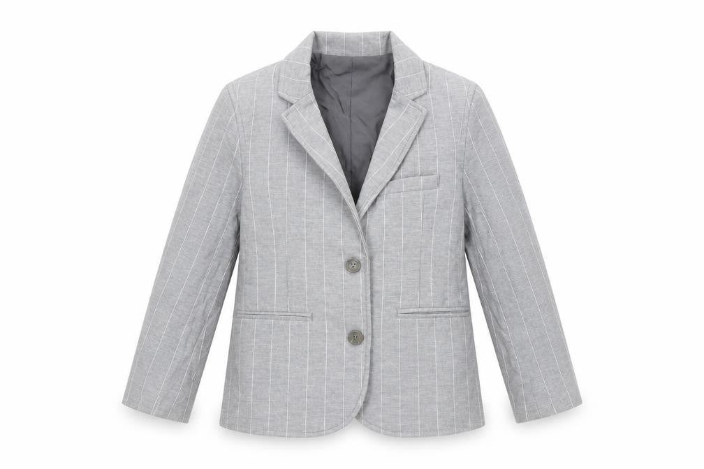 Front view of Autograph boys’ grey pinstripe jacket blazer, size 3-4, years