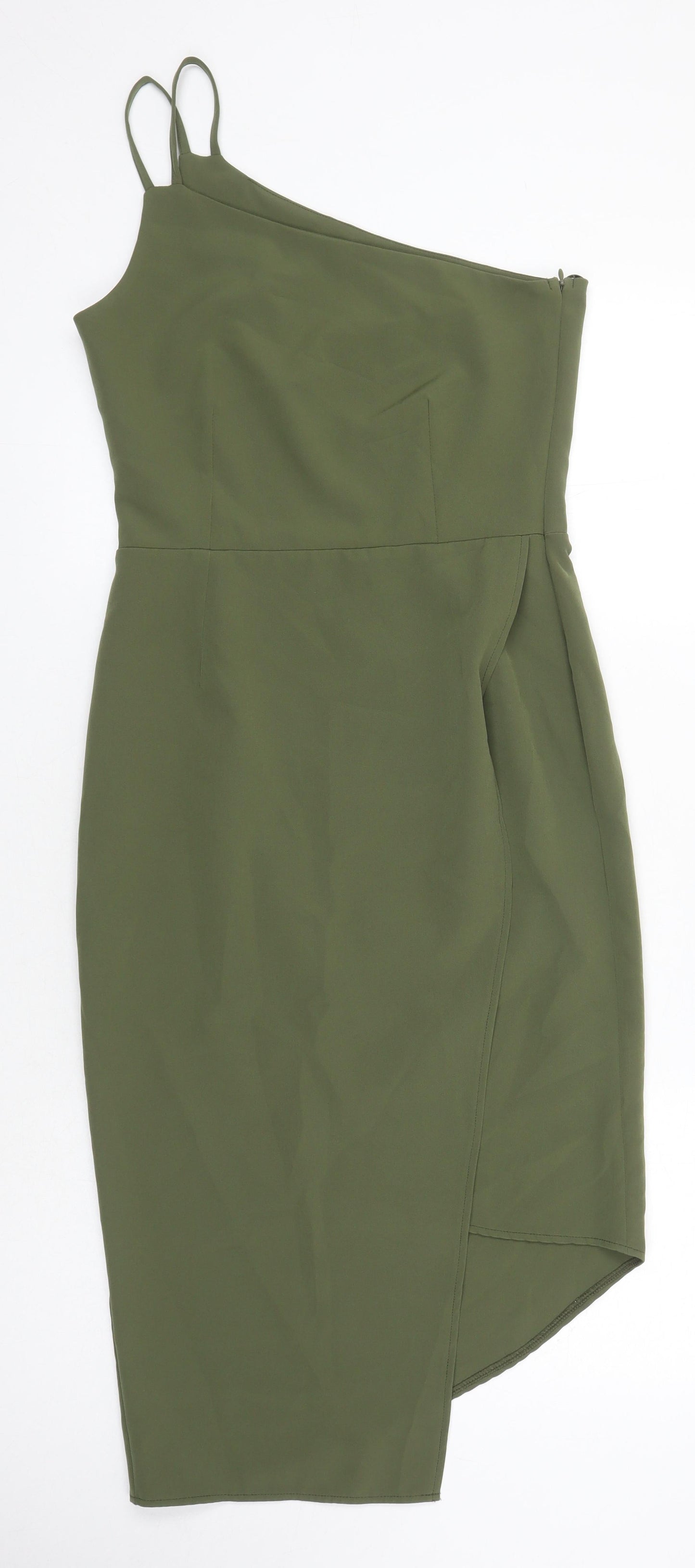 OML Womens Green Houndstooth Polyester Pencil Dress Size S One Shoulder Zip