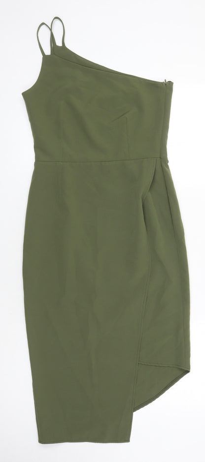 OML Womens Green Houndstooth Polyester Pencil Dress Size S One Shoulder Zip
