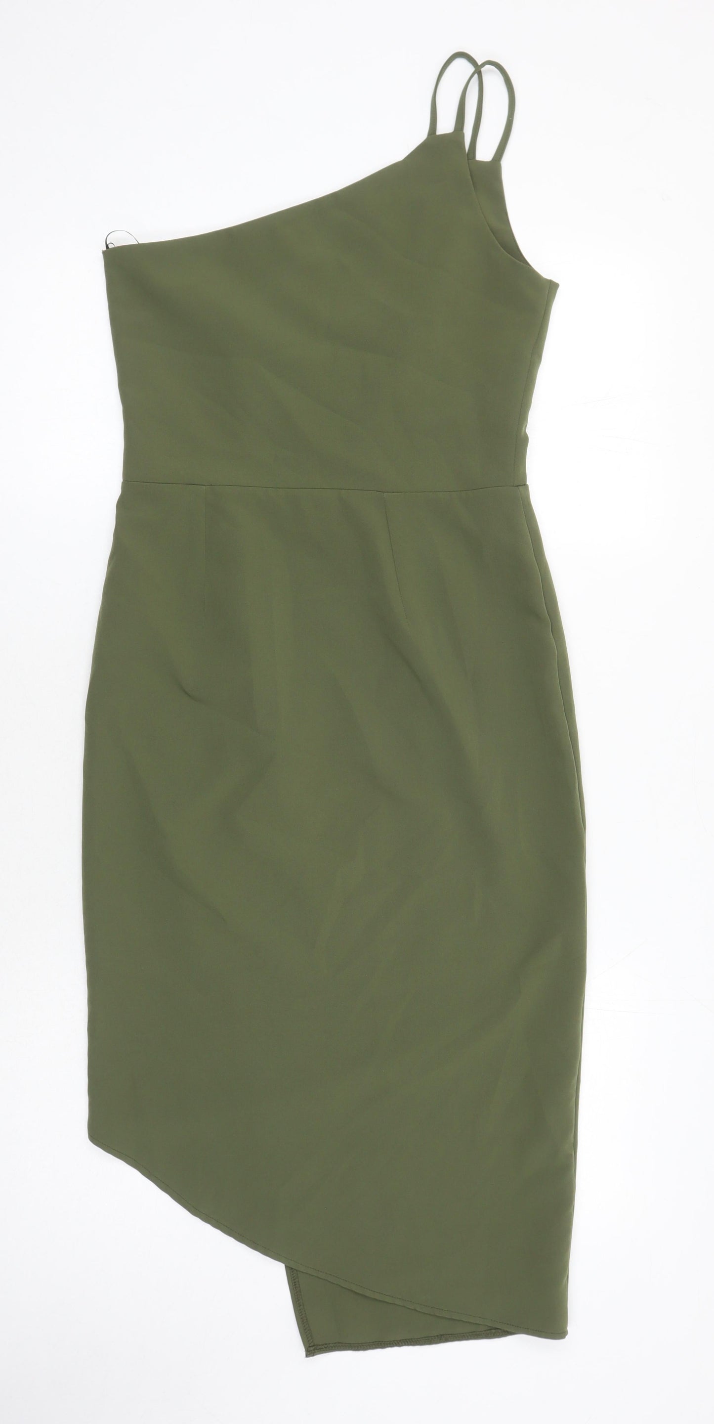 OML Womens Green Houndstooth Polyester Pencil Dress Size S One Shoulder Zip