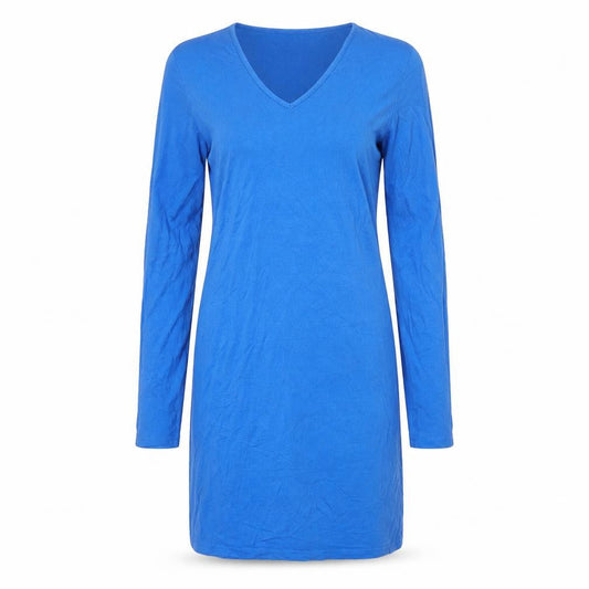 Front view of LTS Basics women’s blue viscose t-shirt dress, size S, sweetheart