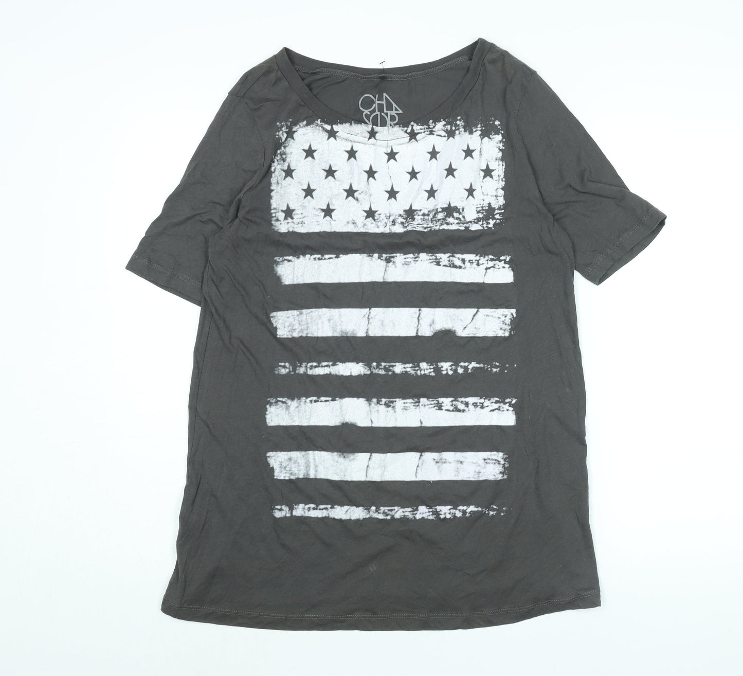CHA SOR Mens Grey Cotton T-Shirt Size M Round Neck - American Flag Print