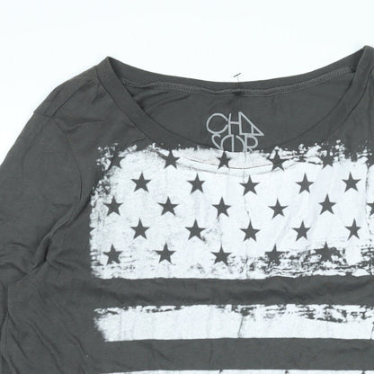 CHA SOR Mens Grey Cotton T-Shirt Size M Round Neck - American Flag Print