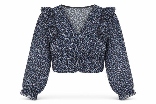 Crep Womens Blue Floral Polyester Cropped Blouse Size S V-Neck - Frill