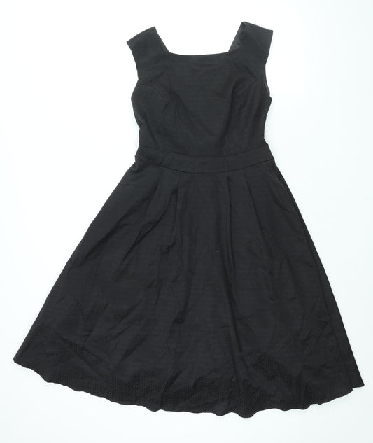 BHS Womens Black Geometric Cotton Fit & Flare Size 10 Square Neck Zip - Belted Tulle Hem