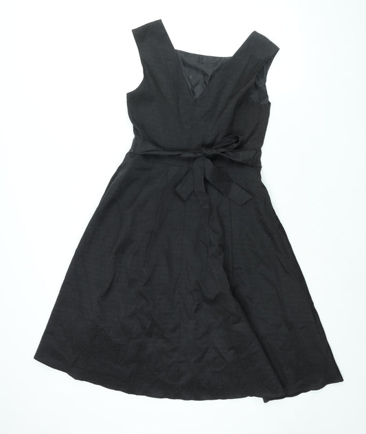 BHS Womens Black Geometric Cotton Fit & Flare Size 10 Square Neck Zip - Belted Tulle Hem