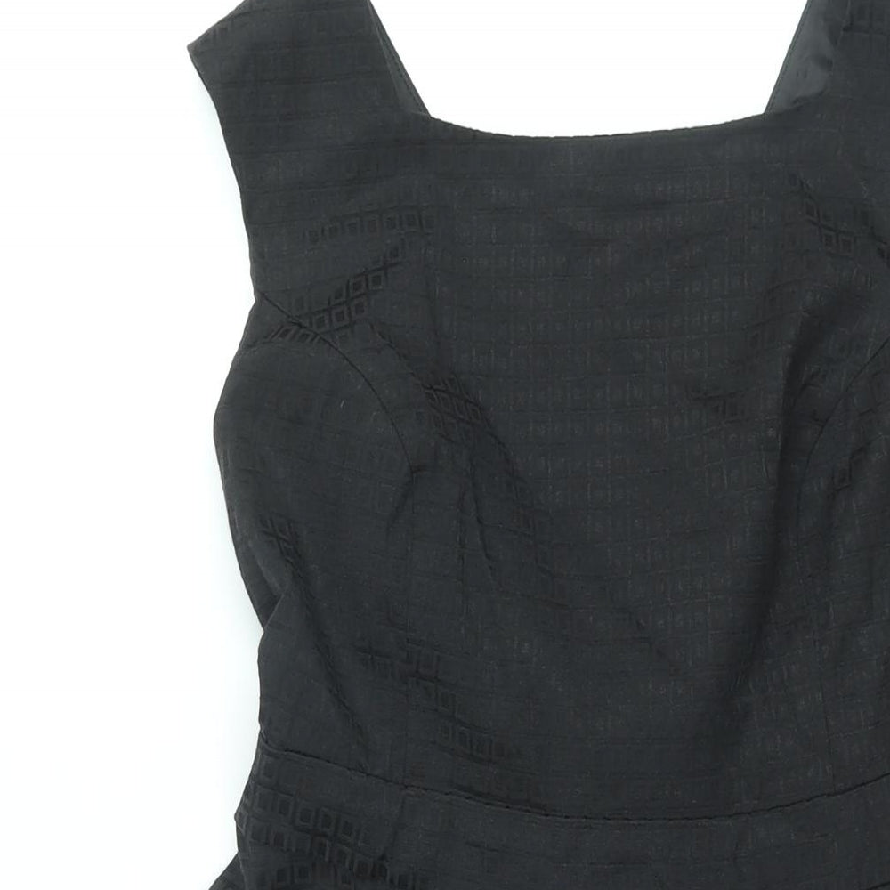 BHS Womens Black Geometric Cotton Fit & Flare Size 10 Square Neck Zip - Belted Tulle Hem