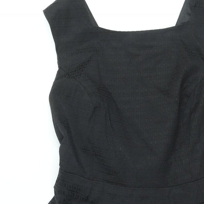 BHS Womens Black Geometric Cotton Fit & Flare Size 10 Square Neck Zip - Belted Tulle Hem