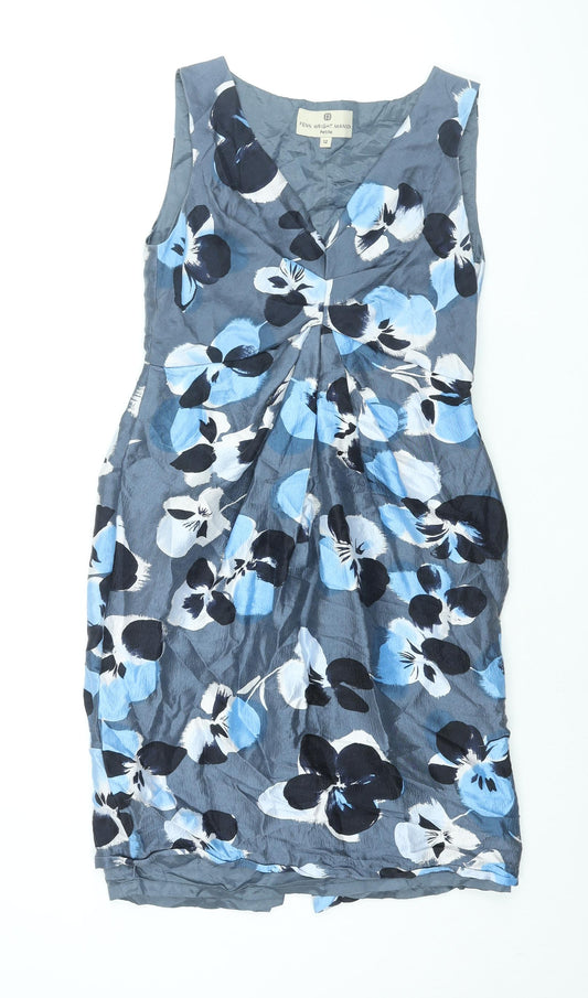 Fenn Wright Manson Womens Blue Floral Silk Pencil Dress Size 12 V-Neck Zip