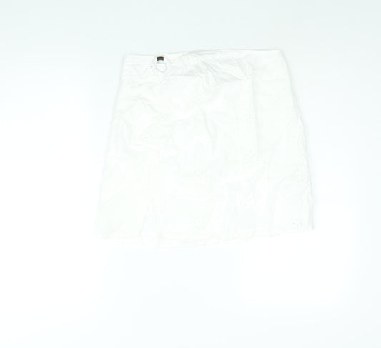 Berhska Womens White Cotton Mini Skirt Size M Zip - Ring Cut Out Emboidered