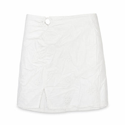 Front view of Berhska women’s white cotton mini skirt, size M, zip - ring cut out emboidered