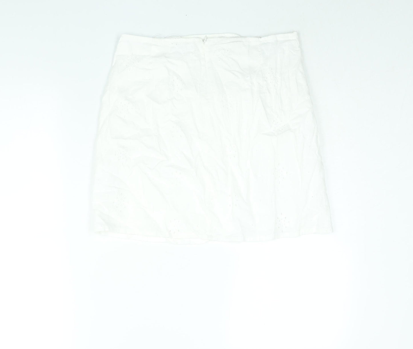 Berhska Womens White Cotton Mini Skirt Size M Zip - Ring Cut Out Emboidered