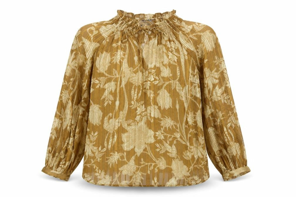 Marks & Spencer Womens Brown Floral Polyester Basic Blouse Size 10 Mock Neck - Frill Keyhole Neck